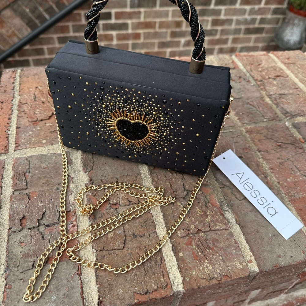 Alessia Bianchi Black and Gold Sunburst Heart bag NWT